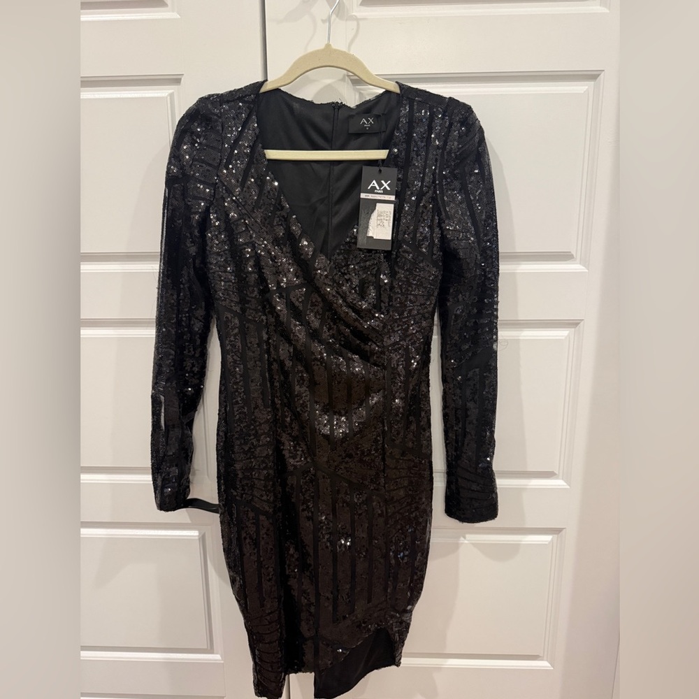 A/X Armani Exchange Black Sequin Long-Sleeve Wrap Dress